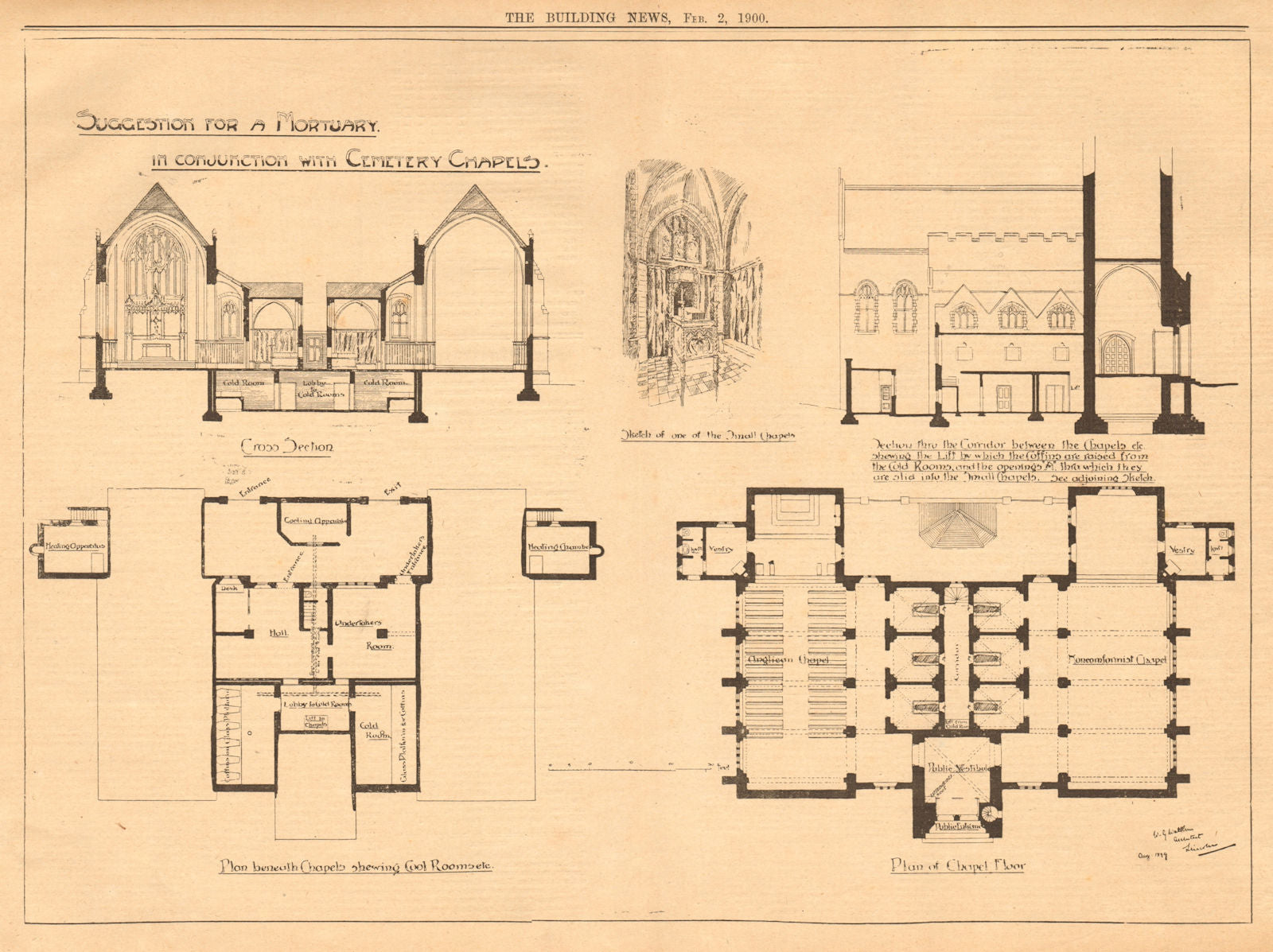 Mortuary & cemetery chapels. Section roomsect 1900 old antique print picture